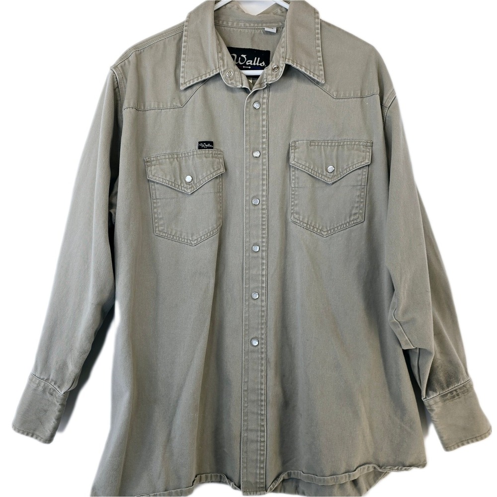Walls Western Snap Shirt Mens 2XL Long Khaki Cotton Twill Workwear Pearl Snap